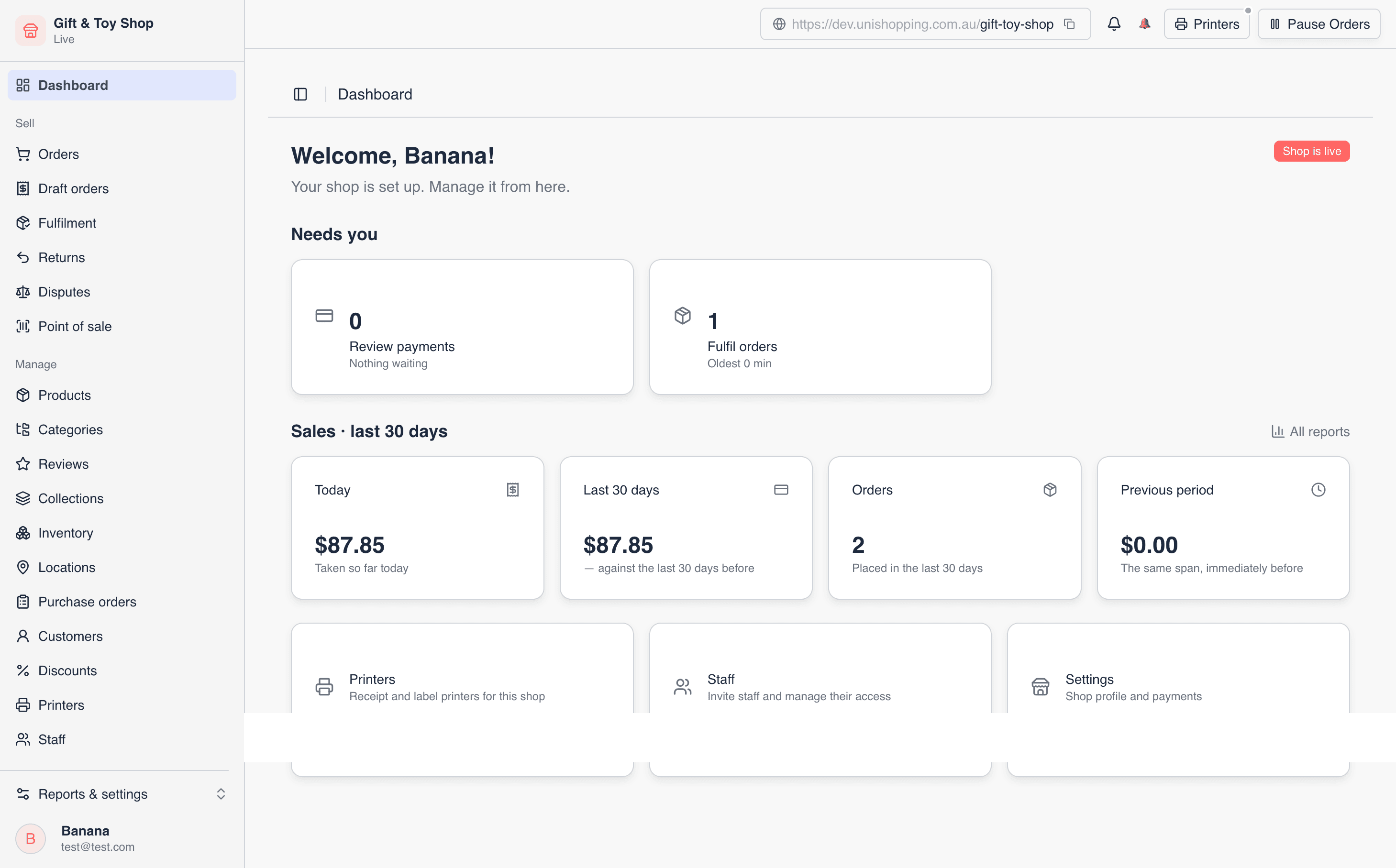 Shop dashboard with orders to fulfil, sales for the last 30 days, and shortcuts to printers, staff and settings