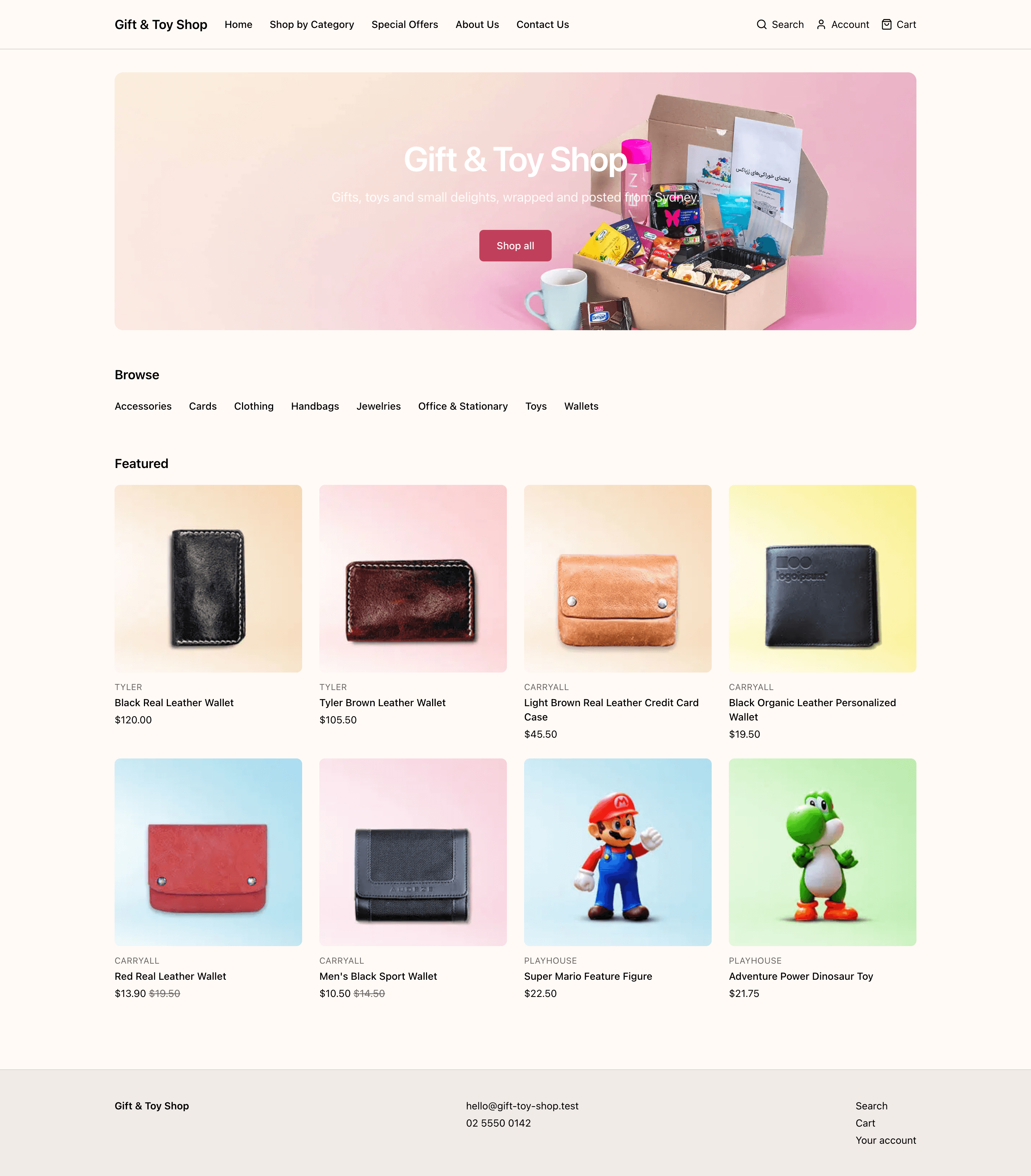 Desktop storefront with a hero banner, category links, and featured product cards