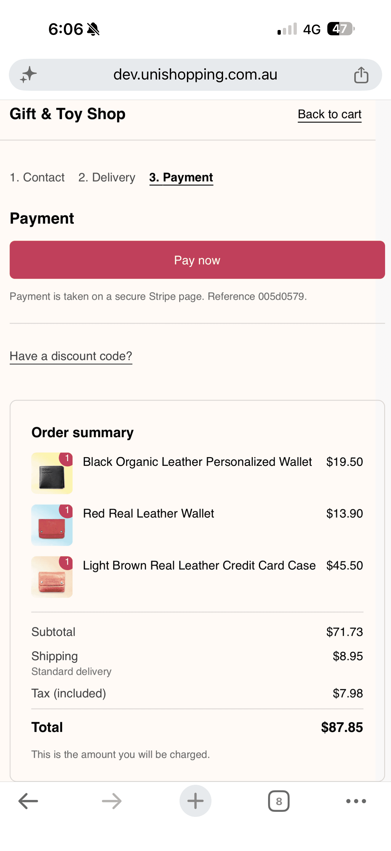 Checkout payment step with Pay now button and order summary with shipping and tax