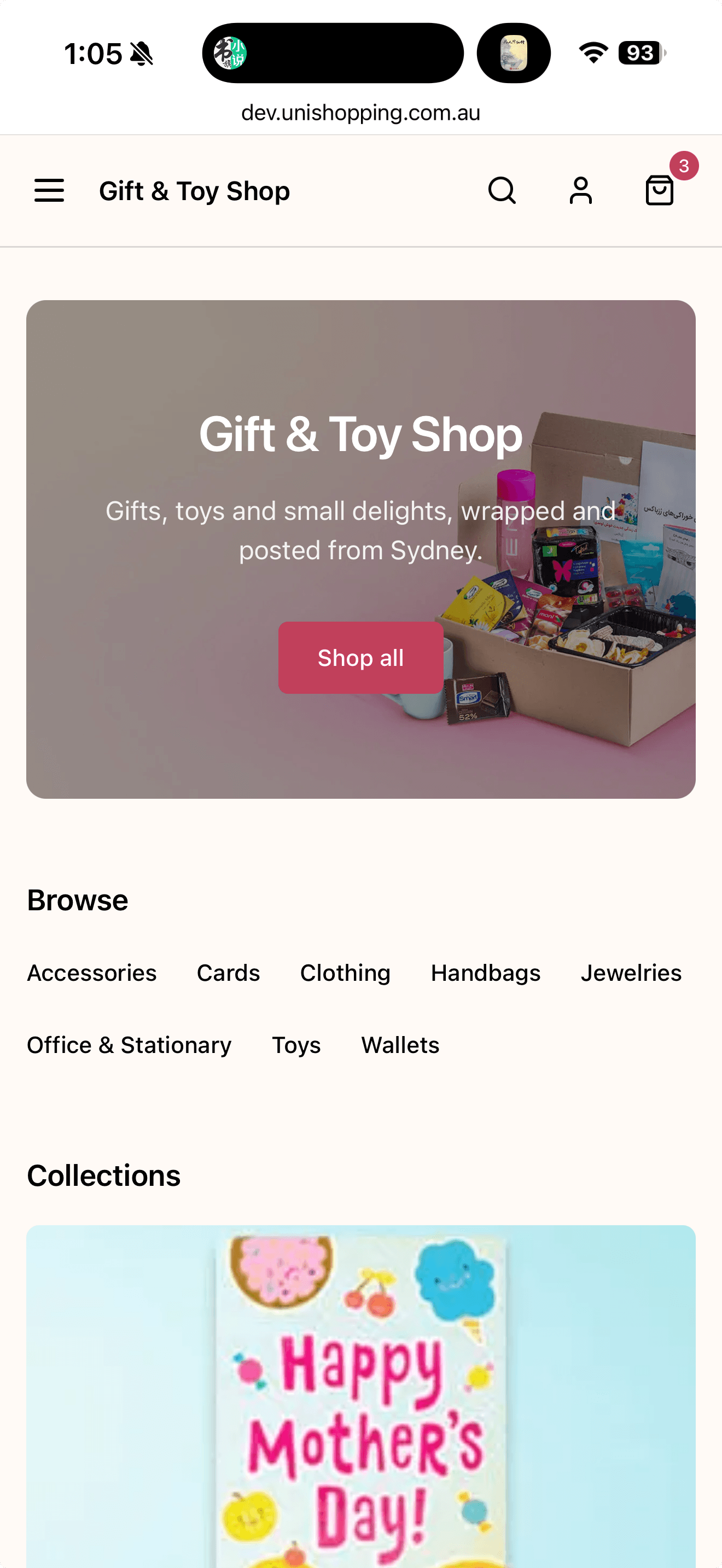 Mobile storefront with shop banner, category links, and collections