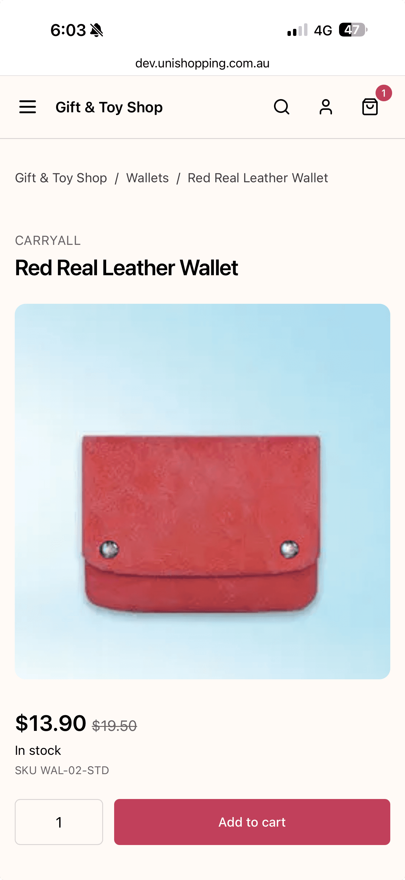 Product page with sale price, stock status, SKU and add to cart button