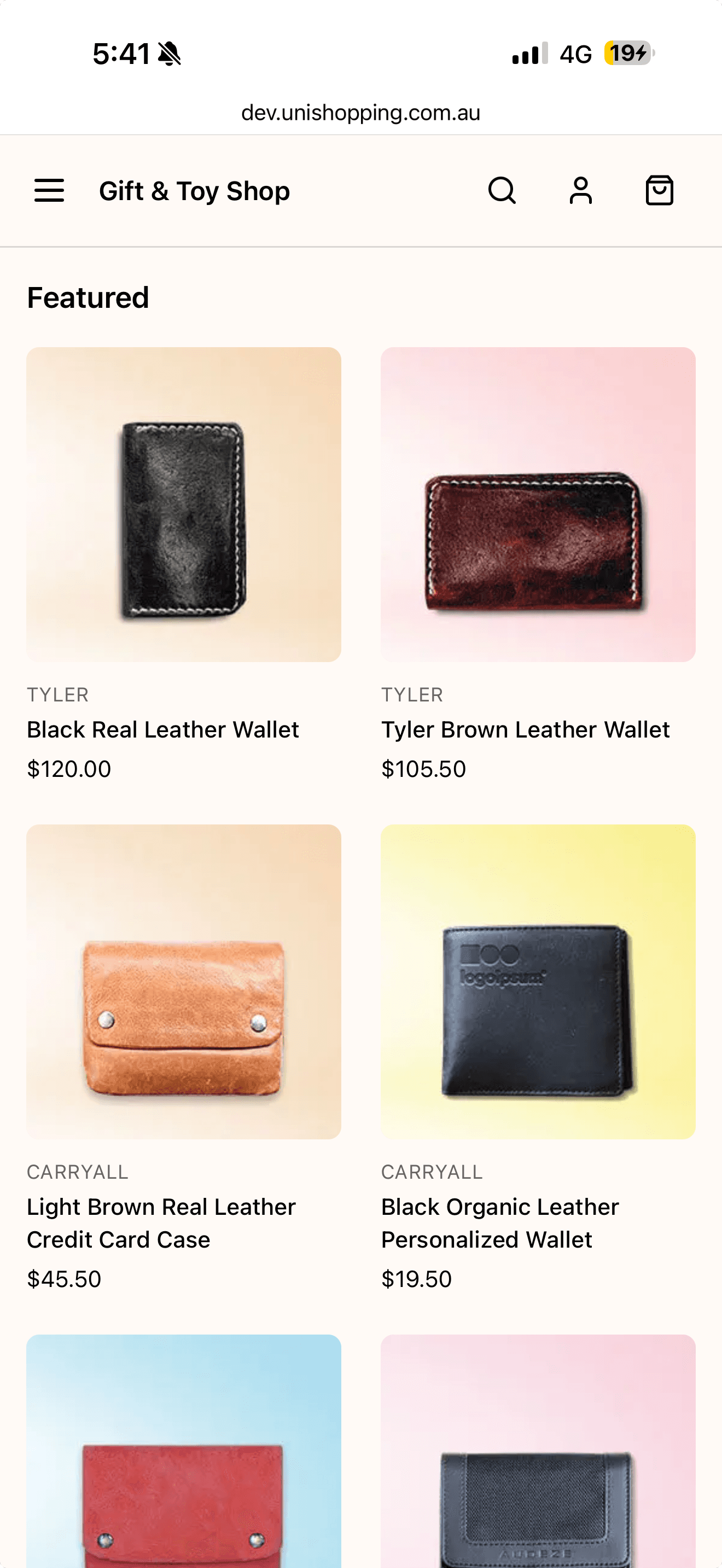 Featured product grid with photos, brands and prices